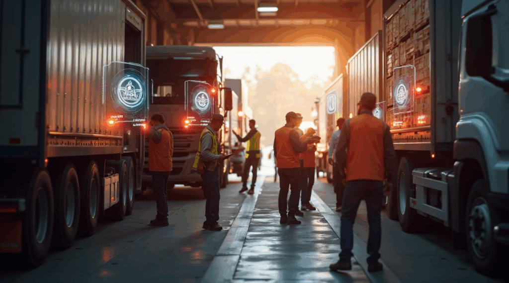 Warm-toned receiving workflow guided by ERP precision.