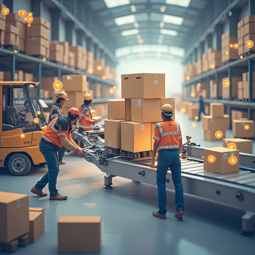 few worker are carry box from lorry to belt conveyor
