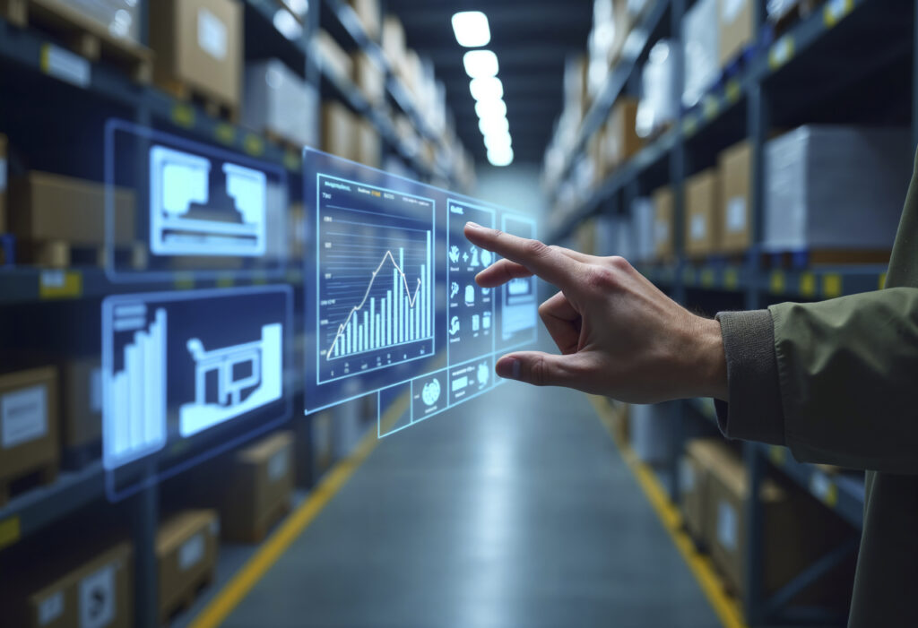 This image shows a modern warehouse environment where a person is interacting with a digital, holographic dashboard displaying live data. It perfectly represents the concept of Real-Time Inventory Tracking in a WMS.