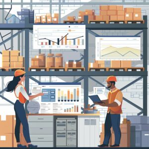 a warehouse background with a graph and worker