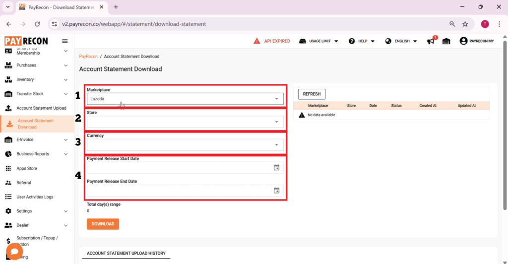 How to download statement to Payrecon