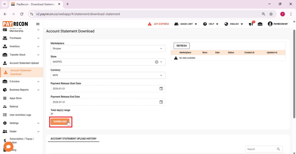 How to download statement to Payrecon