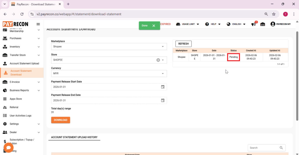 How to download statement to Payrecon