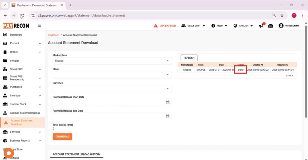 How to download statement to Payrecon