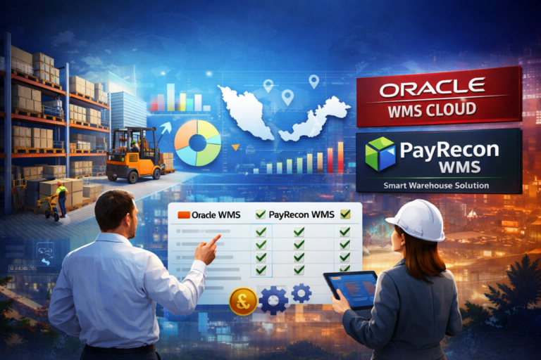 Digital illustration of a modern warehouse with forklifts, stacked shelves, and professionals analyzing warehouse data on a transparent screen, featuring cloud-based warehouse management comparison visuals and logistics performance charts.
