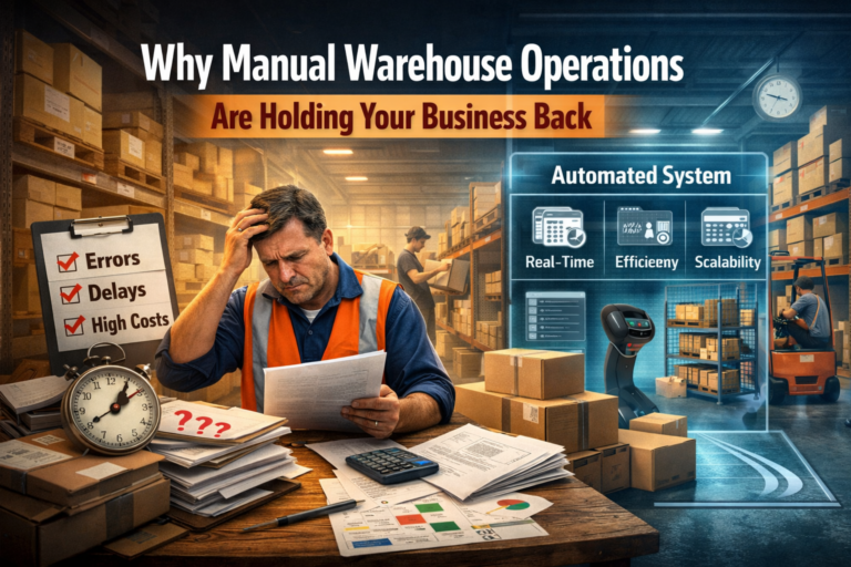 Warehouse worker stressed with paperwork and inventory errors on the left, contrasted with a modern automated warehouse system on the right, showing real-time tracking, efficiency, and scalability.