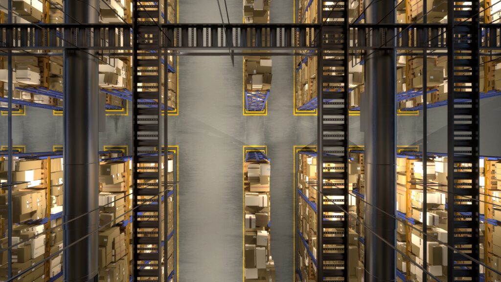 A network of multiple warehouse facilities connected by logistics routes, illustrating centralized and decentralized fulfillment operations.
