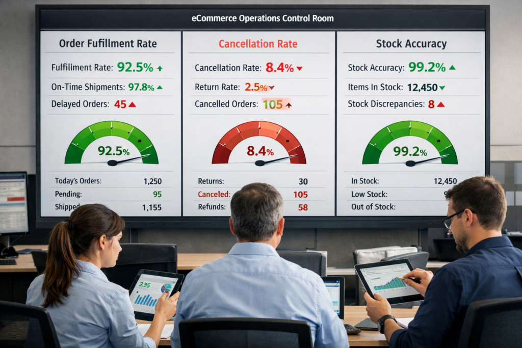 Warehouse performance dashboard showing fulfillment rate and stock accuracy metrics linked to marketplace rankings.