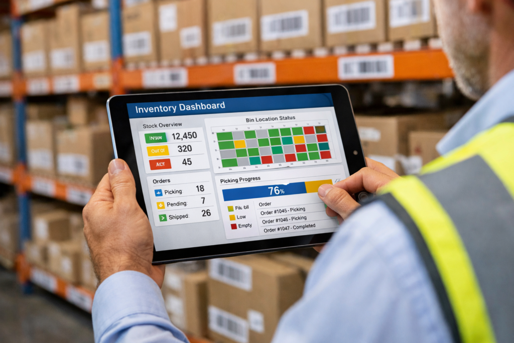 Real-time warehouse dashboard with bin-level tracking and live picking status.