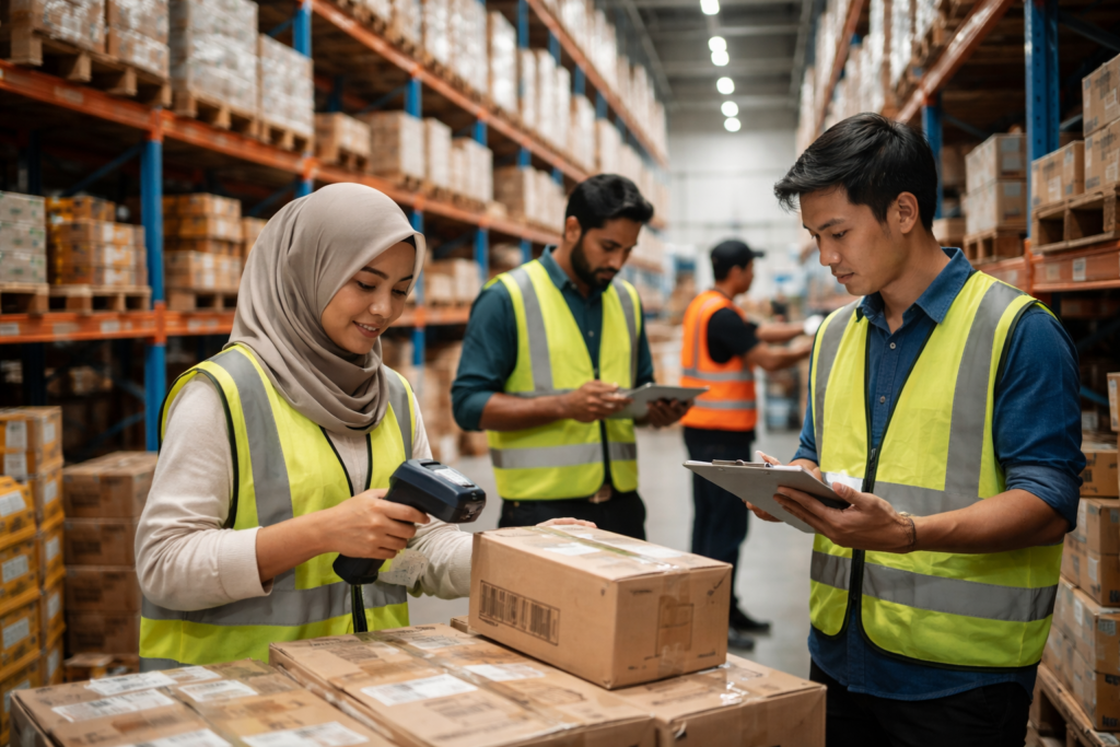 Modern retail warehouse in Malaysia with multi-ethnic workers managing inventory and using barcode scanners efficiently