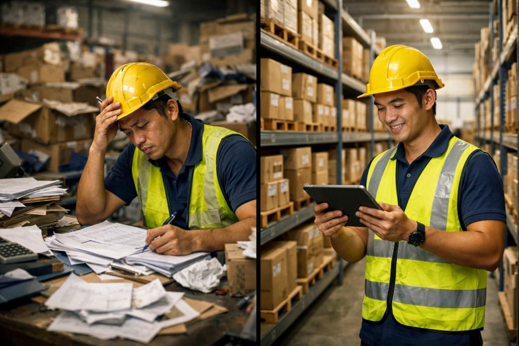 Comparison of manual warehouse operations versus digital systems highlighting WMS ROI for Retail Businesses in a Malaysian retail environment