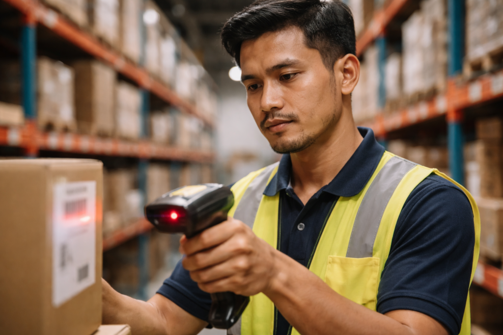 Malaysian warehouse worker scanning product barcode to ensure accurate inventory tracking using WMS