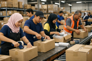 Warehouse team in Malaysia improving workflow efficiency and productivity, demonstrating WMS ROI for Retail Businesses