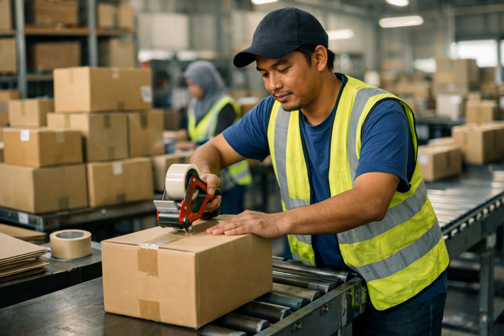 Malaysian e-commerce warehouse worker preparing parcels for shipment in a modern fulfillment center