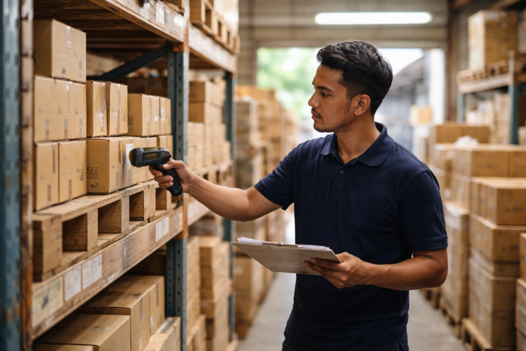 Small Warehouse Automation Investment Malaysia with a Malay worker scanning items on shelves in a realistic Malaysian warehouse