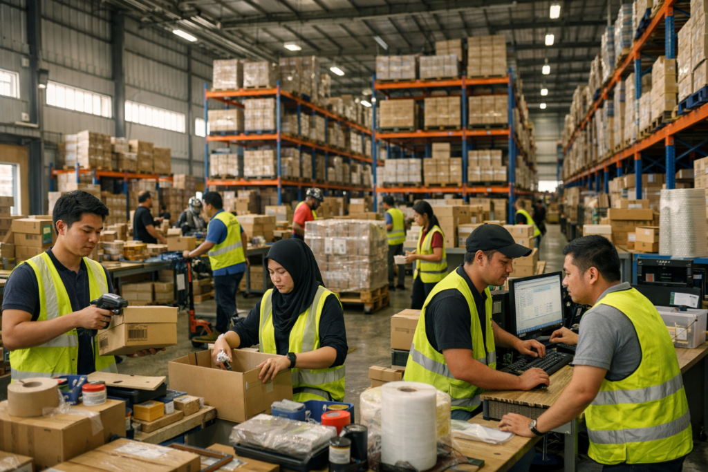 software warehouse management in a Malaysian warehouse showing full-scale daily operations including inventory handling, scanning, and packing workflows
