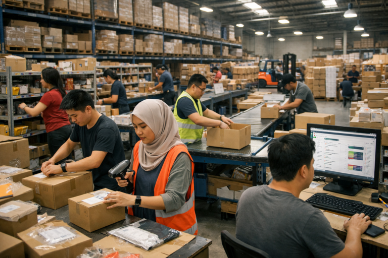 best warehouse management system in a Malaysian warehouse showing coordinated multi-channel operations, organized inventory flow, and synchronized fulfillment processes