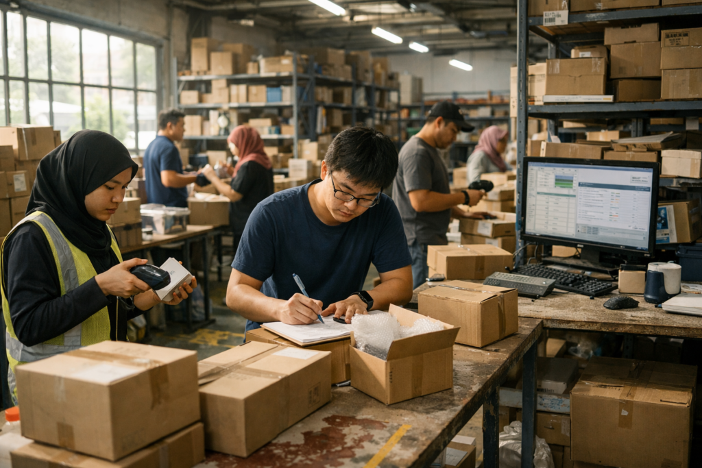 real-time inventory updates in a Malaysian warehouse showing mixed manual and digital stock handling causing synchronization gaps and operational inconsistencies