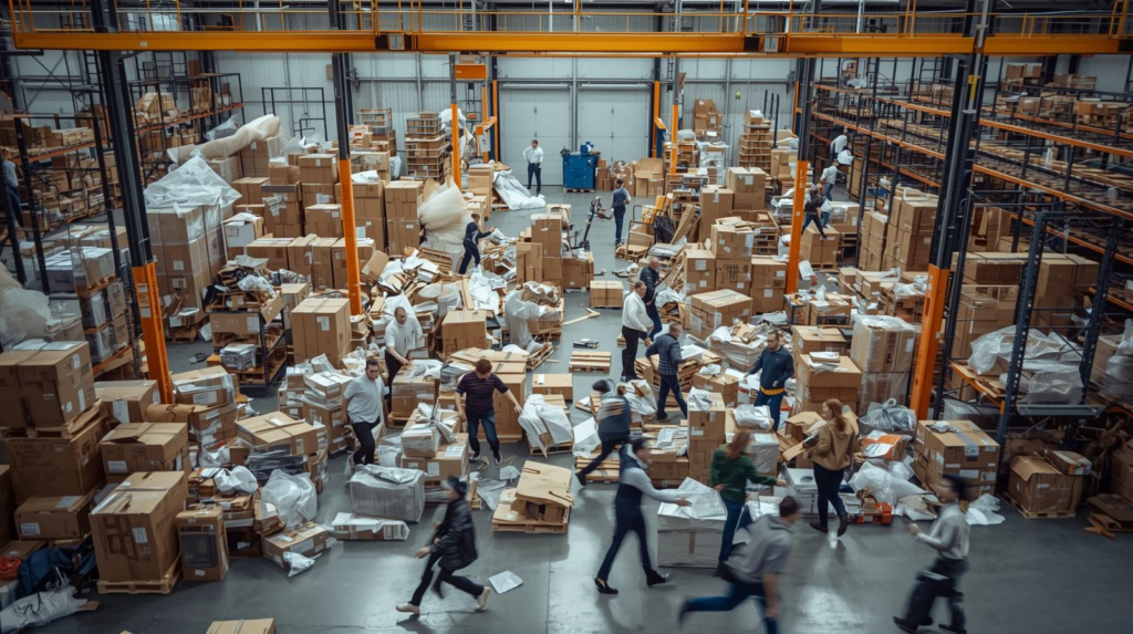 A warehouse in operational chaos with delayed shipments, stock errors, and overwhelmed staff