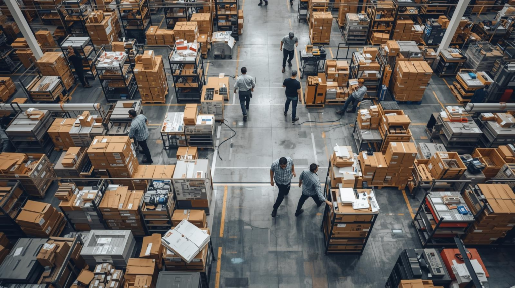 A warehouse scene with disorganized picking and packing processes