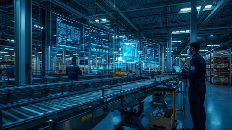 Modern digital warehouse powered by the microsoft dynamics 365 warehouse wms system with real-time inventory dashboards, barcode scanning operations, and ERP-connected logistics infrastructure.