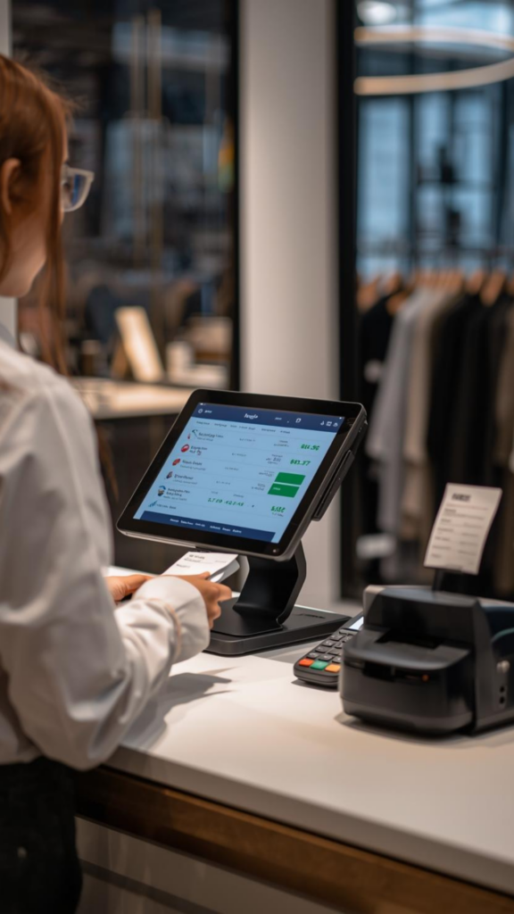 Retail cashier processing transactions through POS system optimized for store operations like Xilnex Retail