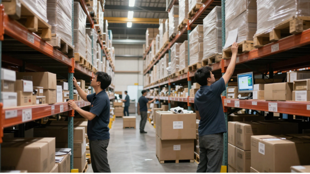 Warehouse workers manually picking orders among tall racks while an ERP inventory system struggles to manage high order volume.