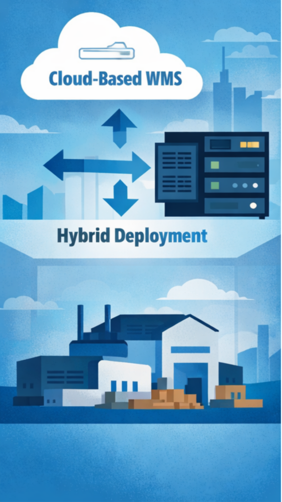 Illustration of warehouse management system architectural flexibility showing hybrid deployment with cloud-based WMS icons, on-premise servers, and a warehouse building, emphasizing scalable IT infrastructure options.