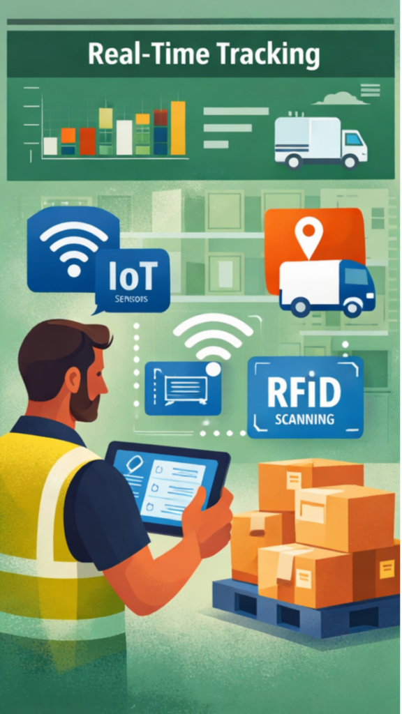 Warehouse worker using a tablet with real-time inventory tracking dashboard, IoT sensors, RFID scanning, delivery trucks, and packages, representing operational visibility and monitoring of inventory, shipments, and equipment status.