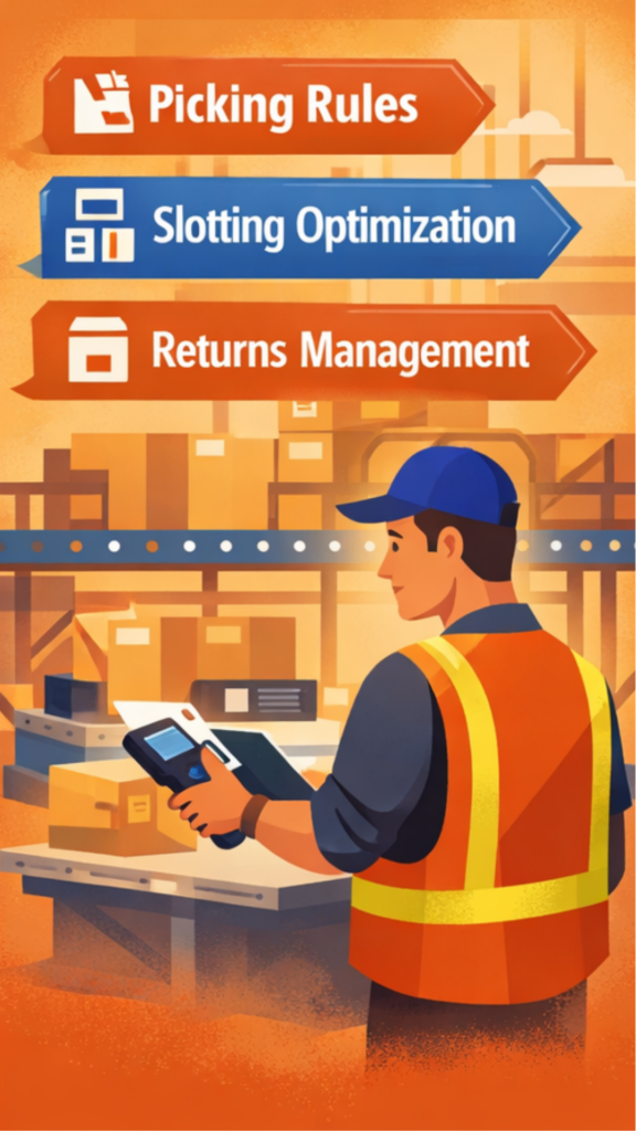 Warehouse employee managing tasks with a handheld device, arrows and icons showing picking rules, slotting optimization, and returns management, highlighting configurable workflow control in modern warehouse operations.