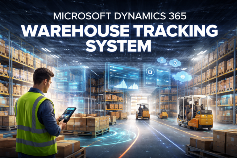 Modern smart warehouse visualizing the Microsoft Dynamics 365 warehouse tracking system with real-time inventory dashboards and digital logistics monitoring.