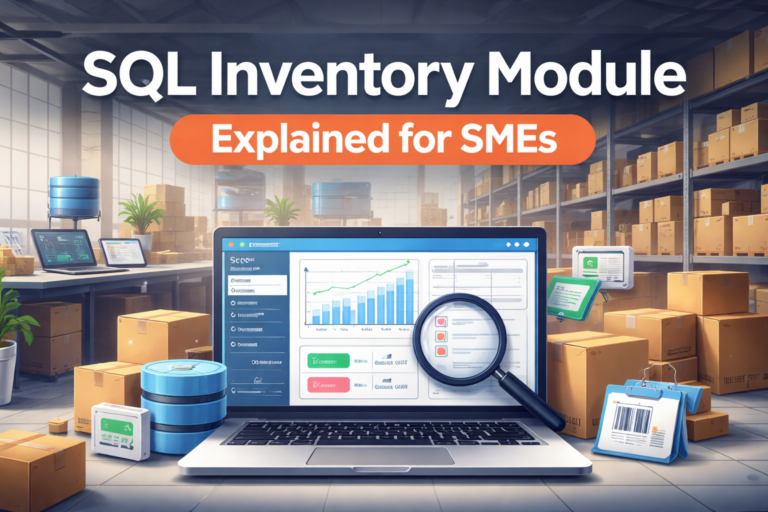 SQL inventory module dashboard displayed on laptop in warehouse environment illustrating SME inventory management
