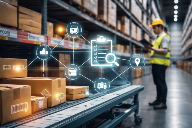 Modern warehouse interior with stacked boxes on shelves, a worker using a tablet for inventory checks, and a digital overlay illustrating real-time inventory movement tracking and logistics connectivity.