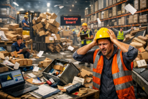Chaotic warehouse scene with scattered boxes, stressed workers, and an “Inventory Error” alert, illustrating warehouse operational chaos, poor organization, and breakdown in inventory management systems.