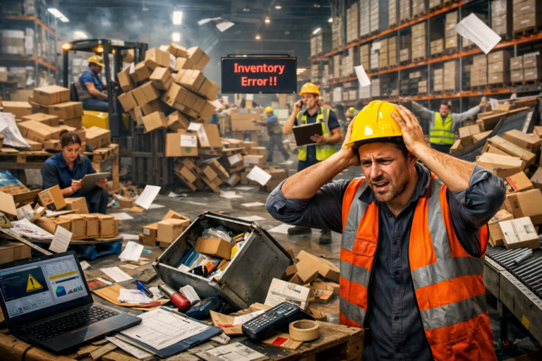 Chaotic warehouse scene with scattered boxes, stressed workers, and an “Inventory Error” alert, illustrating warehouse operational chaos, poor organization, and breakdown in inventory management systems.