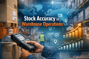 A modern warehouse showing shelves stacked with boxes, a worker scanning inventory with a handheld device, and digital overlays including graphs, checkmarks, and location icons representing stock accuracy metrics; visually emphasizes inventory control and operational visibility.