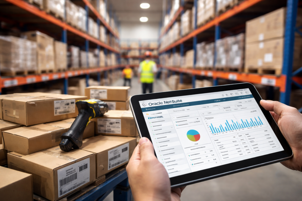 Tablet displaying warehouse inventory dashboard being used inside a large storage facility, with barcode scanner and stacked parcels on shelves, illustrating digital warehouse management and inventory tracking operations.