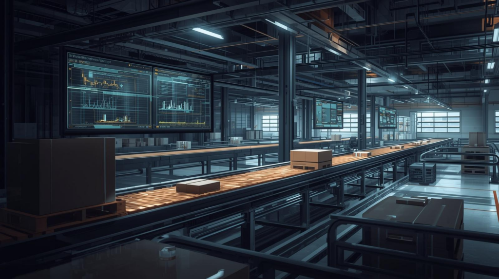 Empty warehouse with screens showing delayed inventory data, highlighting workflow bottlenecks.
