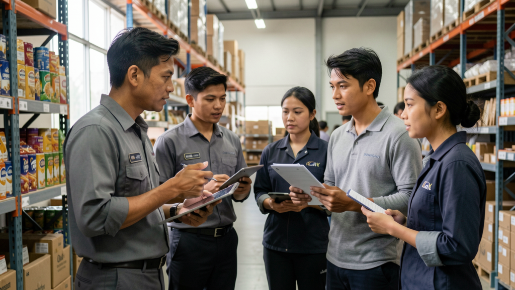 Team planning warehouse workflow in Malaysia to improve picking accuracy