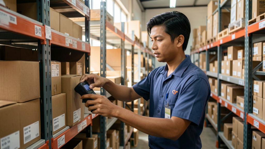 Warehouse staff in Malaysia picking boxes carefully