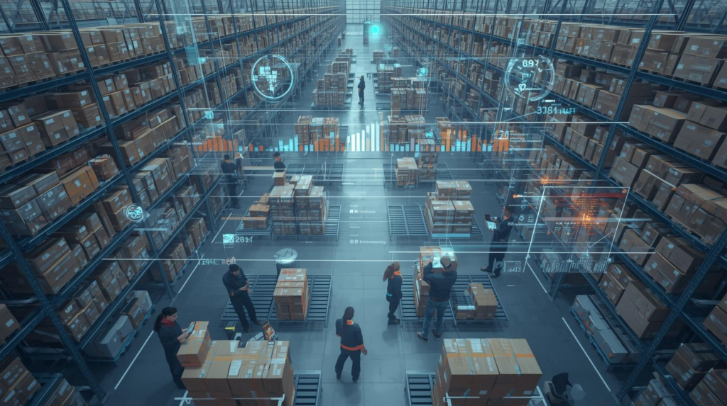 SME warehouse with staff using tablets and real-time inventory dashboard.