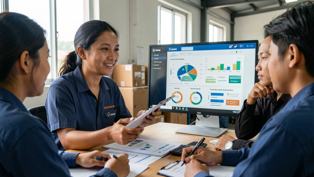 Warehouse manager analyzing errors and staff incentives in Malaysia