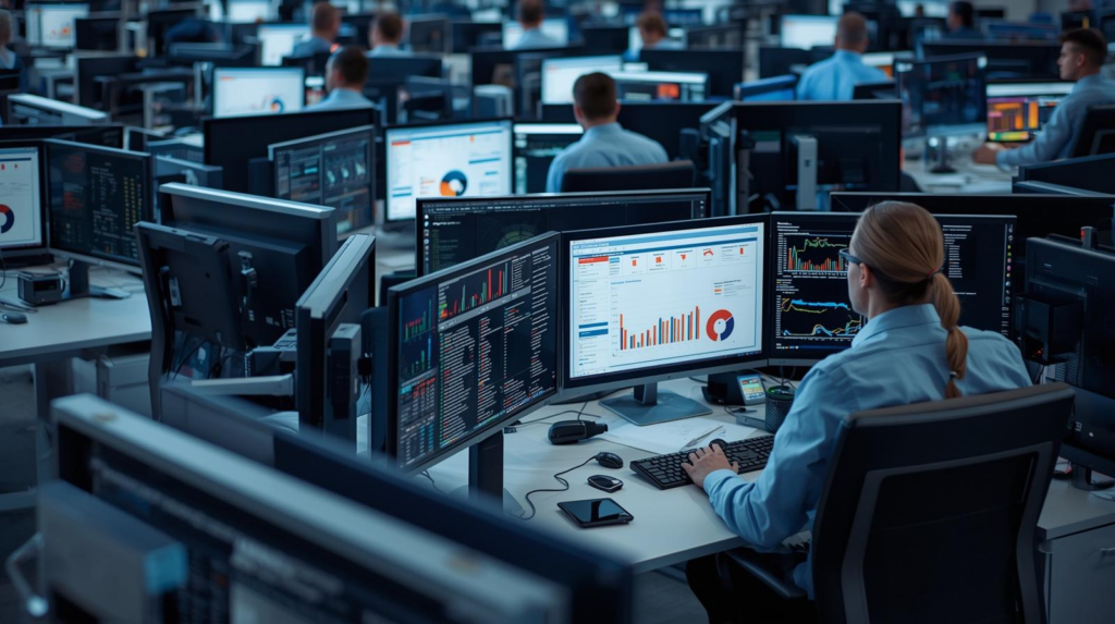 Staff using disconnected digital systems, illustrating data fragmentation.