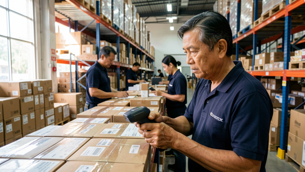 Staff using scanning technology in Malaysia warehouse to reduce picking mistakes