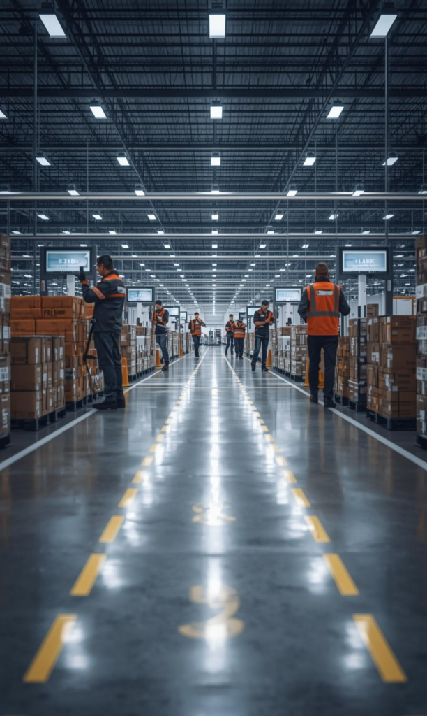 a warehouse operations floor showing workers following a clear workflow: