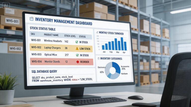SQL Inventory Management Software dashboard analyzing warehouse inventory reporting