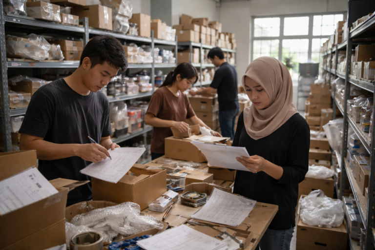 Integrated OMS vs Standalone Software comparison showing manual warehouse operations in Malaysia with staff checking orders and inventory
