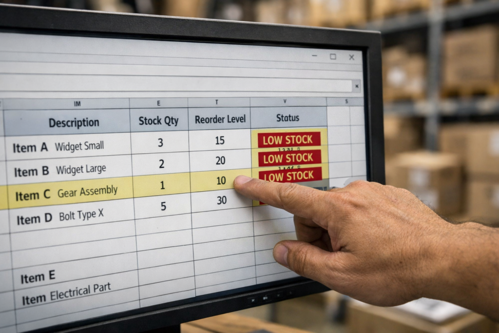 Spreadsheet showing reduced stock buffer causing limited product availability