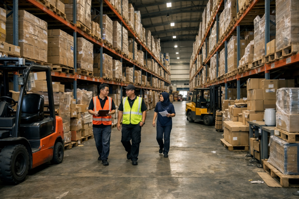 Wide view of a large-scale warehouse operation in Malaysia showing inventory storage and workflow