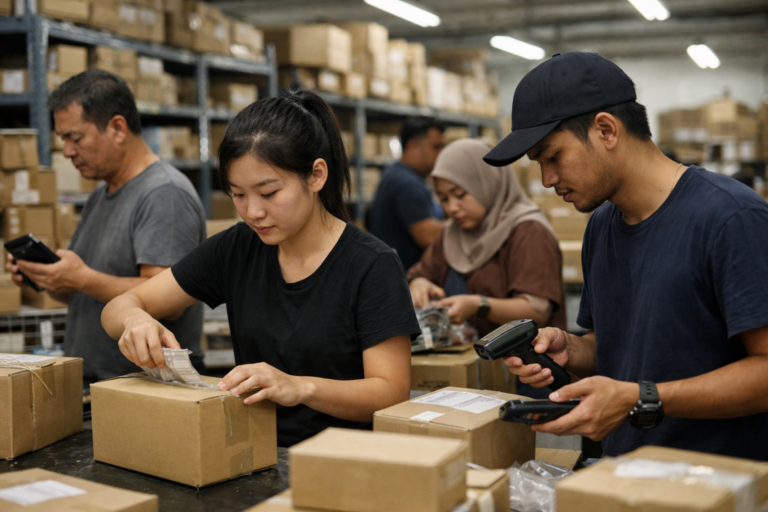 Busy Malaysian e-commerce warehouse staff packing orders and checking inventory during peak sales period